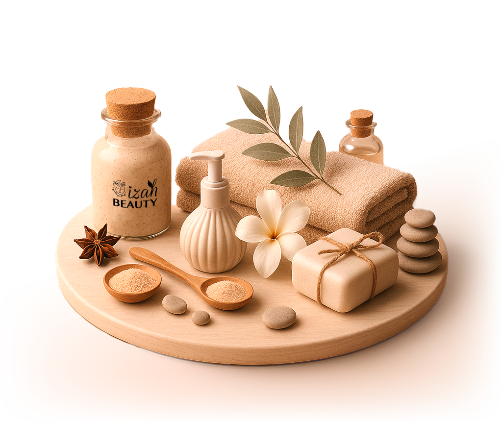 Hero image: This image is showing some random items on a wooden tray i.e. A glass jar filled with white cream with IZAH Beauty logo, a bottle seems like a soap dispenser, soap bar, wooden spoon filled filled with some coarse herb, a white flower, a aniseed herb, few pebble stones, a folded towel, and a jar of oil